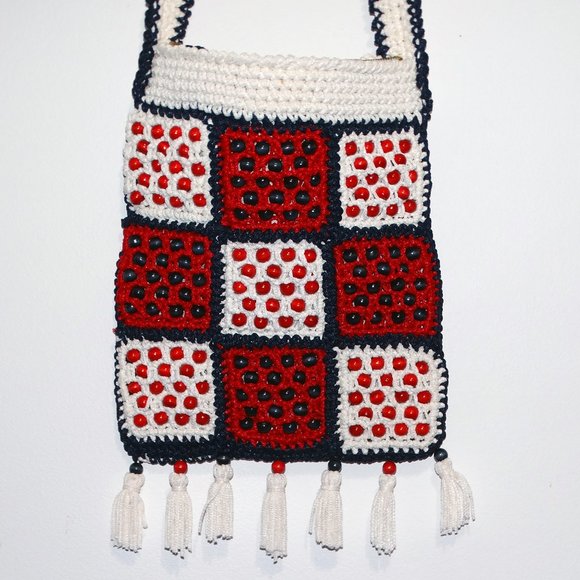 Vintage Walborg Macramé Beaded Shoulder Bag with Fringe, Red, White, Blue - Picture 1 of 4